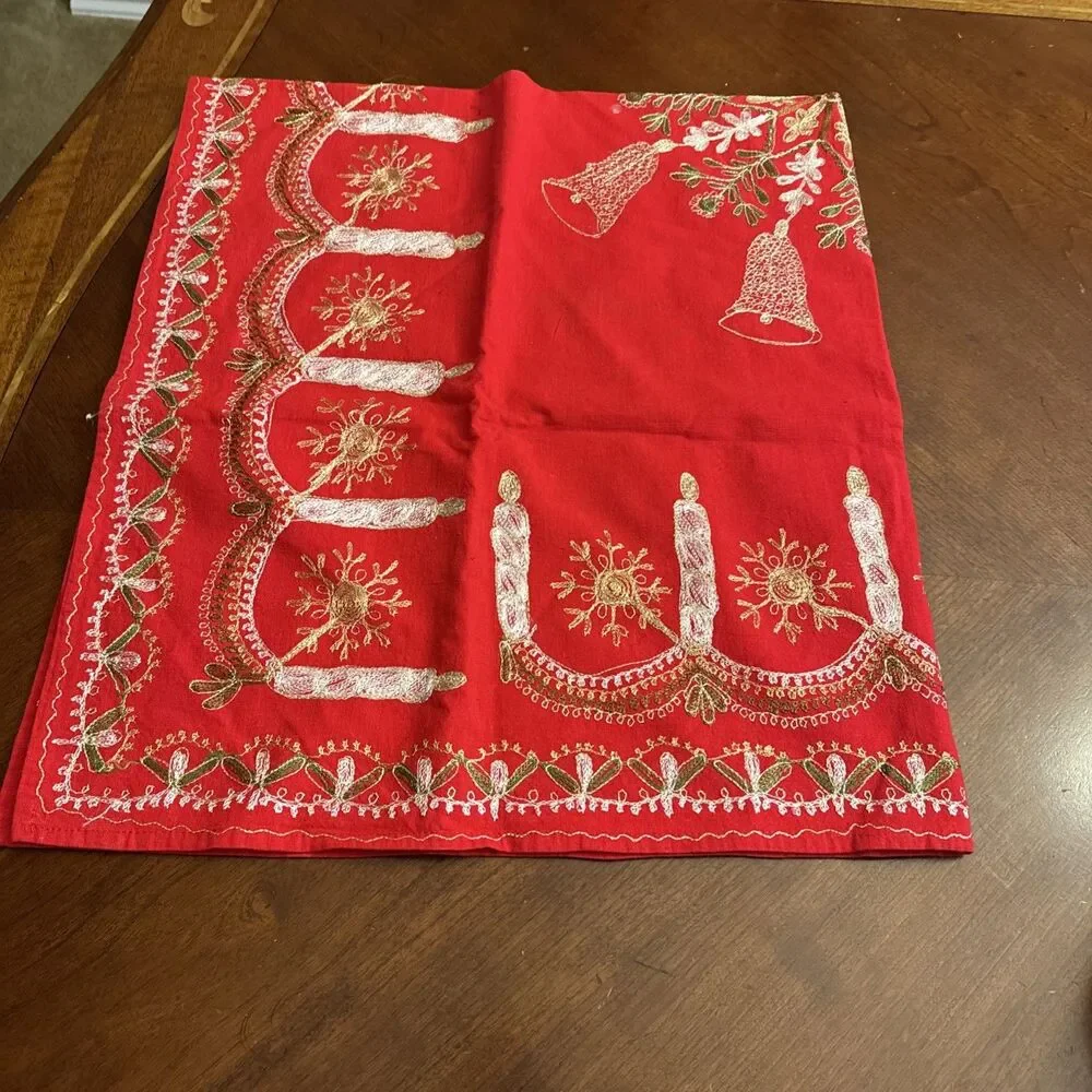 Holiday tablecloth, red gold metallic, 39”X 35”